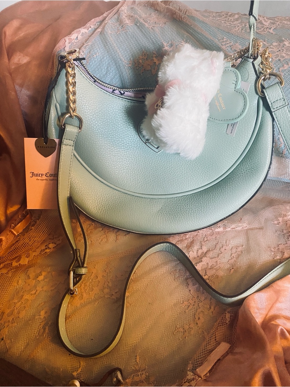 Juicy Couture Mint Green Crescent Shoulder Bag with Gold Chain